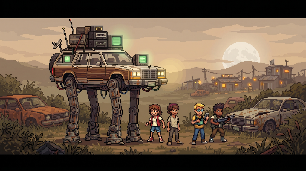A band of kids beside their salvaged walking mech — a wood-panel station wagon on AT-AT-style legs — at dusk in a ruined 1980s wasteland.