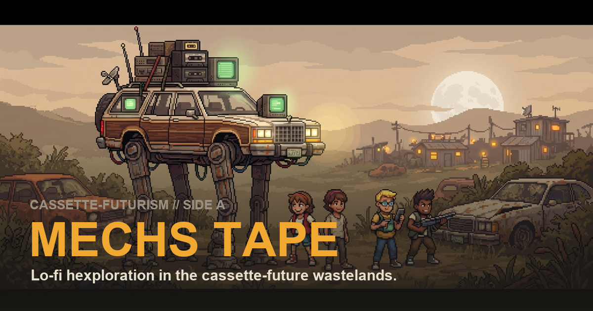Mechs Tape — kids beside a salvaged walking mech at dusk in a ruined 1980s wasteland.