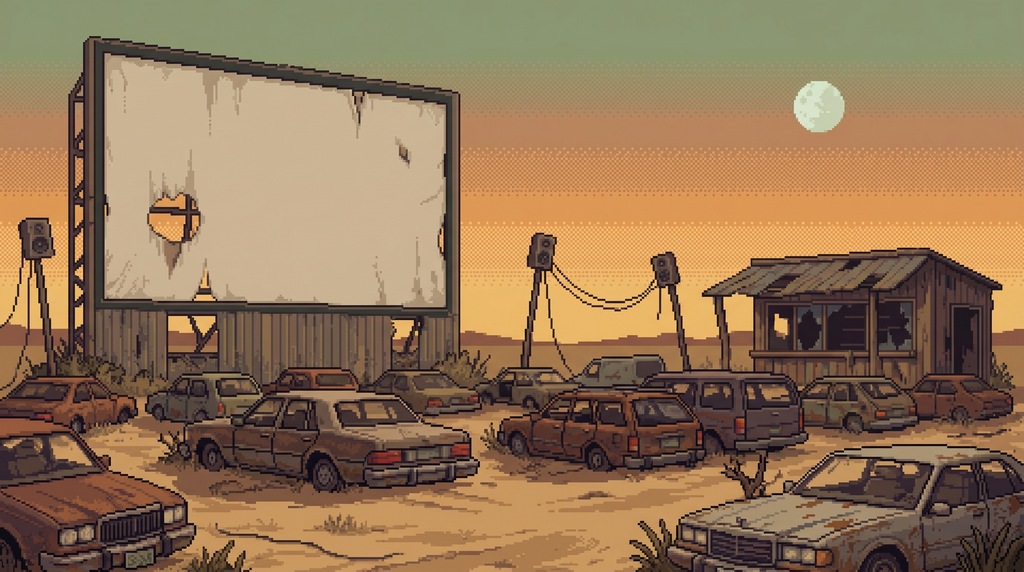 A ruined drive-in theater at dusk, an encounter site in Mechs Tape.