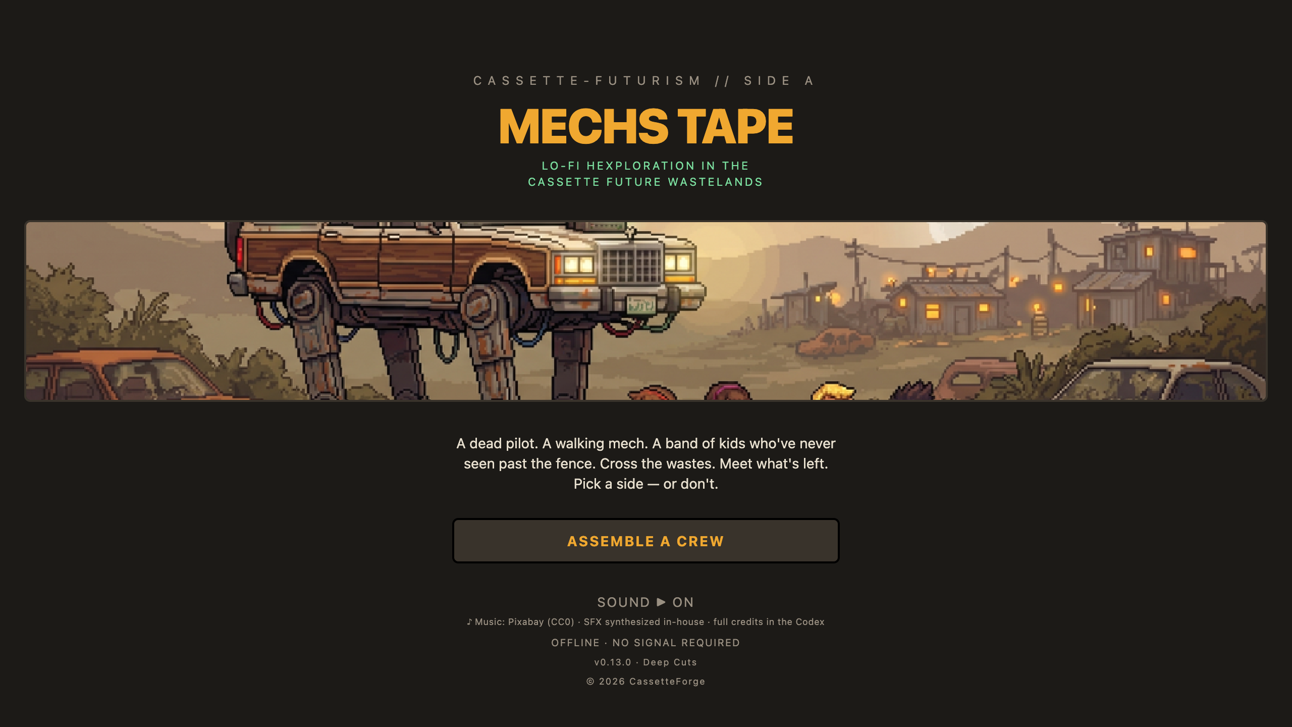 The Mechs Tape title screen — a salvaged walking mech and a band of kids at dusk in a ruined 1980s wasteland.