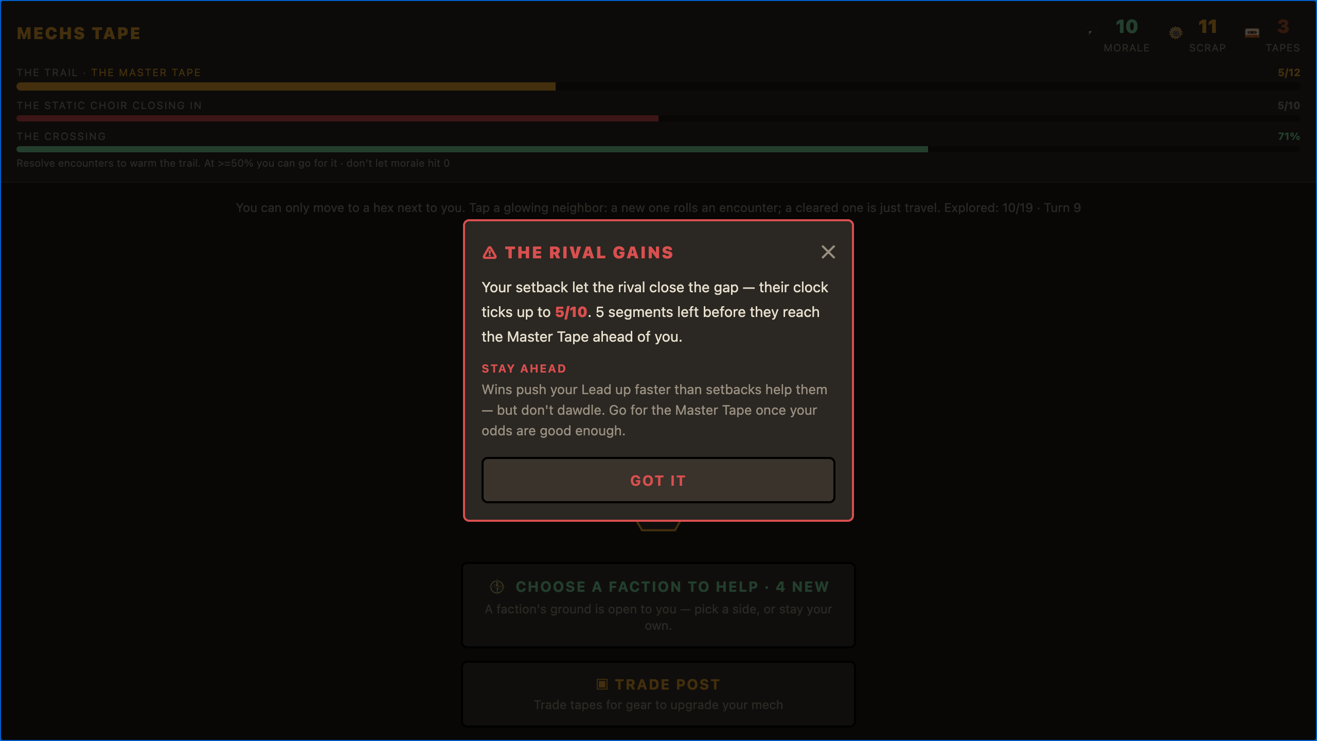 The rival-gains alarm in Mechs Tape — a red card and a burst of static warning the rival band is closing in.