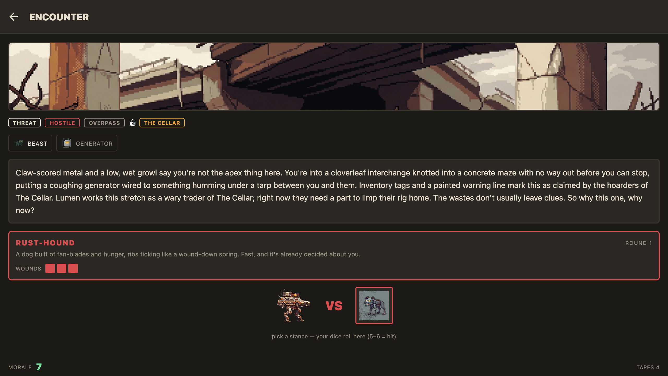 Mechs Tape combat — a rust-hound foe in an overpass, dice pool ready to roll.