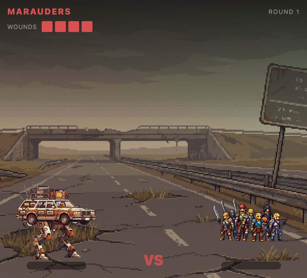 Mechs Tape side-view battle screen — the mech faces a band of marauders across a wrecked overpass, with the enemy's wound track overlaid.