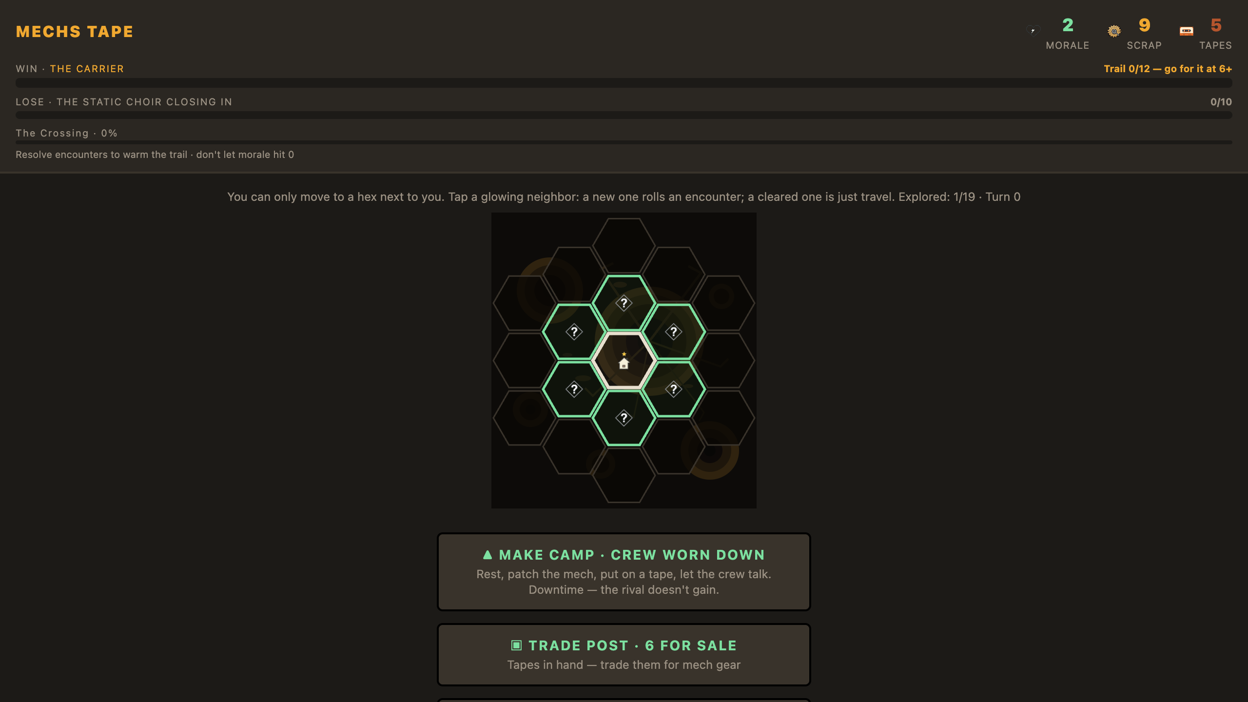 The Mechs Tape map, with terrain art behind the hexes and the run's stakes spelled out across the top bar.