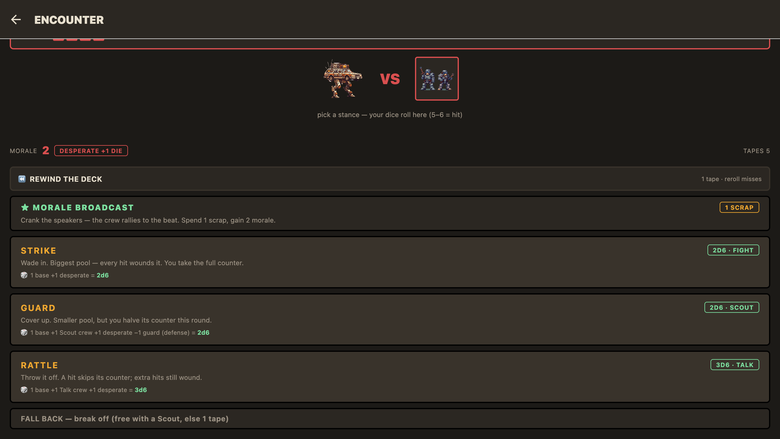 Mechs Tape combat — the mech's signature move shown up top, and every stance showing its odds.