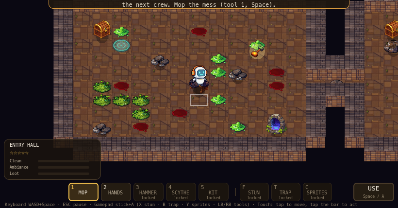 Mop the blood, sweep the rubble, sort the loot. The satisfying mess-to-clean diff.