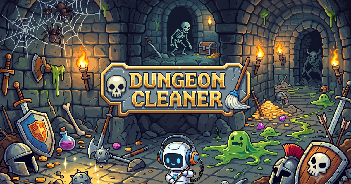 Dungeon Cleaner — a janitor-bot mopping a torch-lit dungeon full of treasure and slimes.